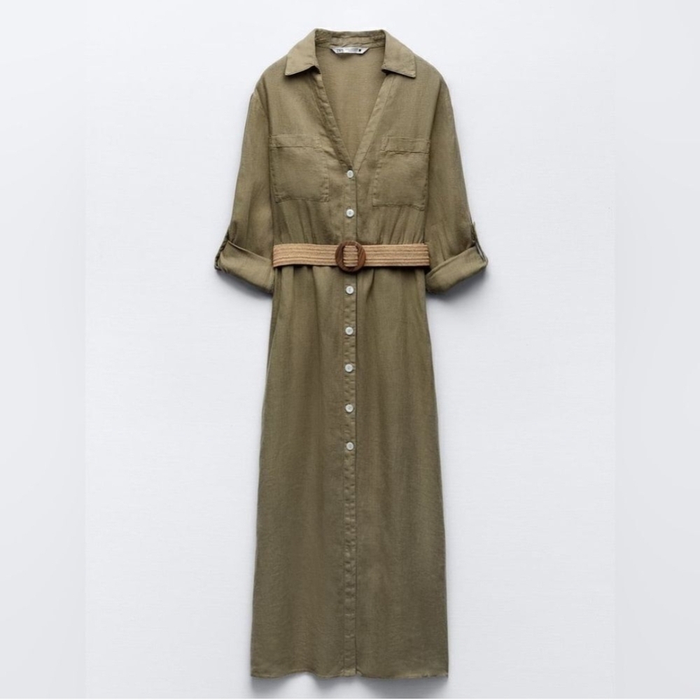 NWT ZARA Woman 100% Linen Belted Shirtdress | Olive Green | Size Small - Picture 2 of 6